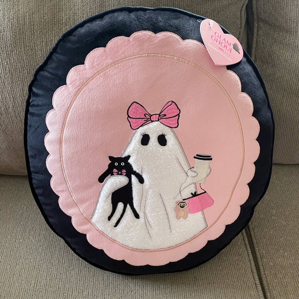 Glam Ghoul Ghost Throw Pillow Coquette Halloween Pink Black Plush Cushion